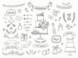 hand getrokken doodle bruiloft collectie. vector bruiloft pictogrammen, illustraties en ontwerpelementen voor uitnodigingen, wenskaarten, posters. pijlen, harten, laurier, kransen, linten, bloemen, banners.