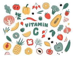 vector vitamine c bronnen ingesteld. fruit, groenten en bessen collectie. gezond voedsel, dieetproducten, biologisch. cartoon vlakke afbeelding