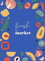 verse marktposter, kaart of print met groenten en fruit. vitamine C-bronnen, boerderijmarkt, gezonde voeding. vector illustratie