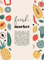 verse marktposter, kaart of print met groenten en fruit. vitamine C-bronnen, boerderijmarkt, gezonde voeding. vector illustratie