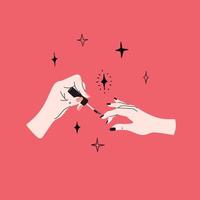 manicure-concept. meisje lakt nagels naar een andere vrouw thuis. nagelstudio, salon. vector cartoon illustratie