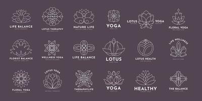 doodle yoga en en lotus logo, set van handgetekende botanische, bloemen set van wilde bloemen en kruiden, vectorobjecten geïsoleerd op een witte achtergrond. een lijntekening vector bloemen set.