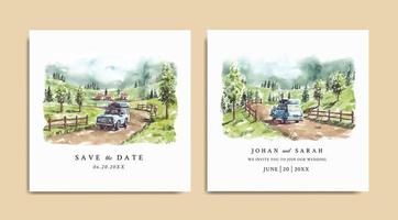 aquarel bruiloft uitnodiging set van natuur landschap met road trip vector