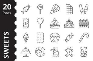 snoepgoed. snoep, ijs, cake, koekjes, candybar. lineaire pictogrammen in een vector. vector