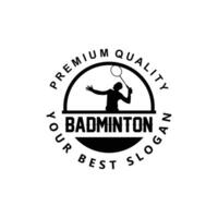 badminton logo pictogram vector, sporter, met behulp van racket, premium retro concept vector