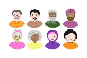 een set avatars voor aardige mensen. een diverse groep jonge mannen en vrouwen. mensen van verschillende rassen. vlakke stijl vectorillustratie vector