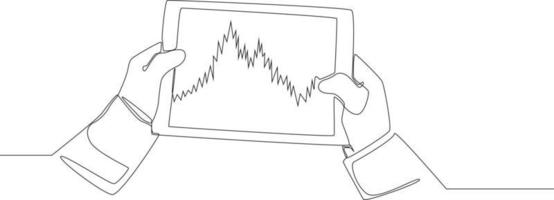 continue één lijntekening handen met tablet. er is een aandelenmarktgrafiek op schermtablet. enkele lijn tekenen ontwerp vector grafische afbeelding.