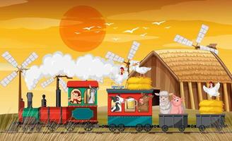 trein rijden met dieren bij zonsondergang vector