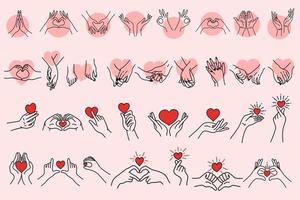 set mega collectie van vrouwen meisje hand liefde gebaar met haard platte lijn art clipart illustratie vector