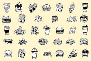 set mega verzameling handgetekende frietjes bak fastfood koffie verpakking menu café restaurants illustratie