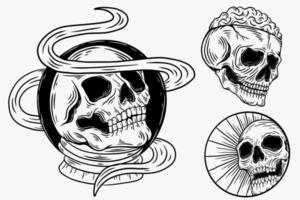 set donkere illustratie schedel hoofd botten handgetekende arcering schets stijl voor tattoo merchandise t-shirt merch vintage vector