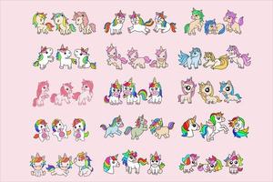 set mega collectie bundel van schattige kleurrijke eenhoorn magisch paard doodle cartoon dier huisdier karakter gelukkig collectie illustratie vector
