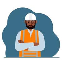 lachende man bouwvakker in een witte helm en een oranje vest. platte vectorillustratie vector