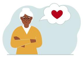 gelukkige grootmoeder denkt aan liefde. in de ballon van het denken is een rood hart. platte vectorillustratie vector