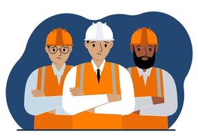 een team van droevige bouwvakkers in witte en oranje veiligheidshelmen en oranje vesten. ingenieur en bouwers. platte vectorillustratie