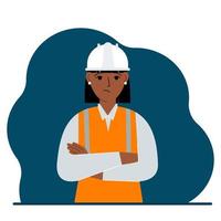 trieste vrouw bouwvakker in een witte helm en een oranje vest. ingenieur. platte vectorillustratie vector