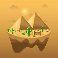 drijvend onbewoond eiland in vlakke afbeelding met piramide, cactus en zandpanorama. woestijn vector achtergrond geschikt voor dekking, illustratie, spandoek, poster ect.