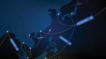 abstracte blauwe achtergrond van zee Azië verzending vracht handelsroute met wereldkaart