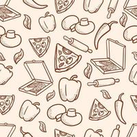 met de hand getekend naadloos pizzapatroon en ingrediënten in vintage stijl vector