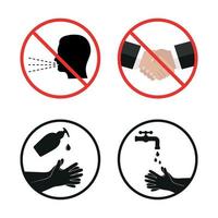 niet hoesten, handen schudden, handen wassen en ontsmettingsmiddelen gebruiken vector