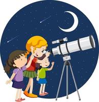gelukkige kinderen observeren de nachtelijke hemel met een telescoop vector