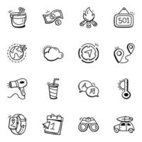 16 trendy doodle-pictogrammen voor reiselementen vector