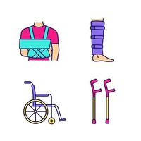 trauma behandeling gekleurde pictogrammen instellen. schouder startonderbreker, scheenbeen brace, rolstoel, elleboog krukken. geïsoleerde vectorillustraties vector