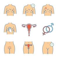 gynaecologie gekleurde pictogrammen instellen. borstuitslag, pijn, gezondheid van vrouwen, palpatie, menstruatie, heteroseksualiteit, genitale uitslag, baarmoeder. geïsoleerde vectorillustraties vector