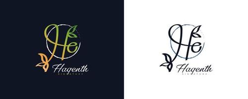 eerste h en o logo-ontwerp met blad en natuurconcept in groen verloop. ho kenmerkend logo of symbool voor bruiloft, mode, sieraden, boetiek en zakelijke identiteit vector