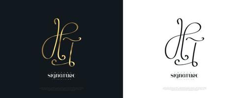 eerste h en t-logo-ontwerp met elegante gouden handschriftstijl. ht kenmerkend logo of symbool voor bruiloft, mode, sieraden, boetiek en zakelijke merkidentiteit vector