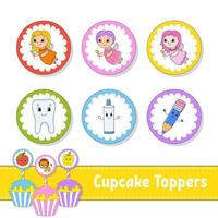 cupcake toppers. set van zes ronde foto's. stripfiguren. schattig beeld. voor verjaardag, py, baby shower. vector