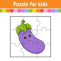 puzzelspel voor kinderen. plantaardige aubergine. puzzel stukjes. kleuren werkblad. activiteiten pagina. geïsoleerde vectorillustratie. cartoon-stijl. vector