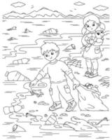kinderen ruimen de oceaankust op van afval. het probleem van de ecologie. oceaan plastic vervuiling. kleurboekpagina voor kinderen. stripfiguur in stijl. vectorillustratie geïsoleerd op een witte achtergrond. vector