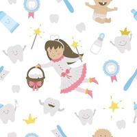 schattig tandenfee naadloos patroon. kawaii fantasie prinses achtergrond met grappige lachende tandenborstel, baby, kies, melkfles, medaille, tandpasta, tanden. grappige tandheelkundige zorg textuur voor kinderen. vector