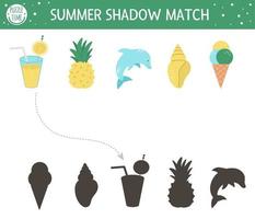 zomer schaduw matching activiteit voor kinderen. voorschoolse zee vakantie puzzel. schattig exotisch educatief raadsel. vind het juiste afdrukbare werkblad voor silhouetten. eenvoudig strandvakantiespel voor kinderen vector