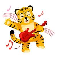 kleine tijger spelen op elektrische gitaar geïsoleerd. schattig karakter cartoon gestreepte tijger muzikant. vector