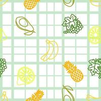 naadloos patroon met exotisch fruit op geruit tafelzeil. ananas, banaan, avocado, citroen en druiven overzicht pictogrammen. vector