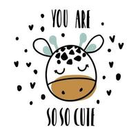 schattig girafgezicht in scandinavische stijl. doodle poster met de tekst you're so so cute vector