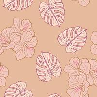 hibiscus bloemen en bladeren naadloze patroon achtergrond. tropische natuur inpakpapier of textielontwerp. mooie print met handgetekende exotische bloem. vector
