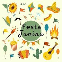 festa junina set van prachtige vector iconen in vlakke stijl. braziliaans latijns-amerikaans festival. vector sjabloon met traditionele braziliaanse symbolen, feestelijke elementen. geïsoleerde objecten op een lichte achtergrond