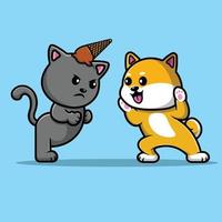 schattige shiba inu hond spelen met kat cartoon vector pictogram illustratie. dierlijke pictogram concept geïsoleerde premie vector.