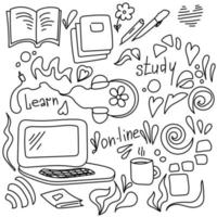doodle vector set thuis leren, verschillende objecten op het online studiethema