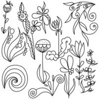 een set doodle-krullen, twijgen en bloemen om decoratieve patronen of prints te maken vector