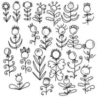 set doodle bloemen met een rond midden, florale elementen van dunne lijnen met verschillende bloembladen en bladeren vector