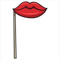 heldere rode lippen op een stokje voor een fotoshoot, vector cartoon afbeelding op een witte achtergrond