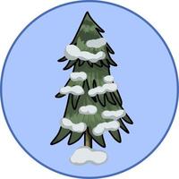 vectorillustratie, hoge cartoon donkergroene kerstboom, dennen met pluizige sneeuw op takken, op een ronde blauwe achtergrond, ontwerpelement, badge, embleem vector