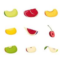 set van fruit plakjes. vegetarisch eten, gezond eetconcept. avocado, granaatappel, perzik, mango, vijg, kers kiwi appel peer platte vectorillustratie