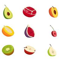 set van half fruit. vegetarisch eten, gezond eetconcept. avocado, granaatappel, perzik, mango, vijg, kers kiwi appel peer platte vectorillustratie