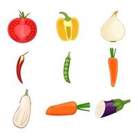 set van halve groenten. vegetarisch eten, gezond eetconcept. tomaat, peper, chili, erwt, kool, aubergine ui wortel platte vectorillustratie vector