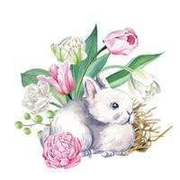 schattig grijs konijn met tulpen, met de hand getekende aquarel vectorillustratie vector